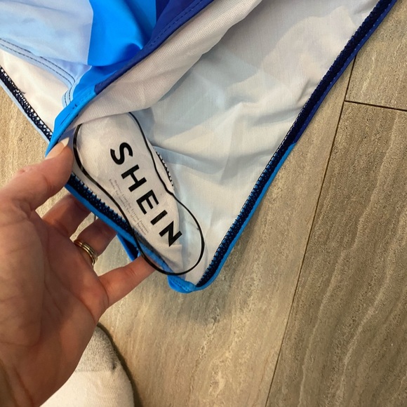 Shein Color Block Size S  Blue one piece swimsuit NWOT Drawstring Side Boho - Picture 2 of 5